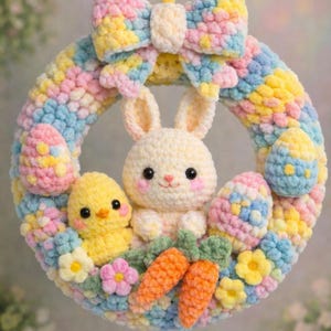 Puede incluir: Una corona de Pascua hecha a mano con ganchillo con un conejito, un pollito y huevos de Pascua. La corona está decorada con un lazo y zanahorias. La corona está hecha de hilo suave y colorido en tonos pastel de rosa, amarillo, azul y blanco.