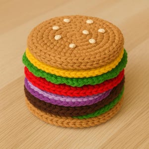 Puede incluir: Una pila de posavasos de ganchillo coloridos que se asemejan a una hamburguesa. El panecillo superior es marrón claro con adornos blancos, seguido de capas de amarillo, verde, rojo, morado y marrón. El panecillo inferior es marrón claro. Los posavasos están dispuestos sobre una superficie de madera clara.