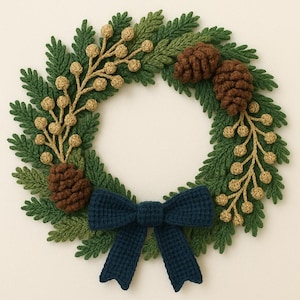 Op de afbeelding: Een handgemaakte gehaakte krans met groene en bruine elementen. De krans bevat donkergroene bladeren, bruine dennenappels en bruine bessen takken. Onderaan zit een marineblauwe strik. Een decoratieve krans voor de feestdagen.