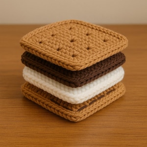 May include: A stack of four square, crocheted coasters in the style of a s'more. The top and bottom layers are tan, the middle layer is dark brown, and the layer in between is white. The top coaster has small, evenly spaced, raised dots.