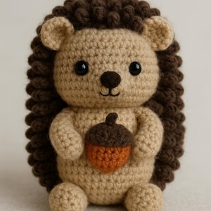 May include: A crocheted hedgehog figurine in tan and brown. The hedgehog has a tan face, ears, and paws, with dark brown spines. It holds an orange and brown acorn. The eyes are black.