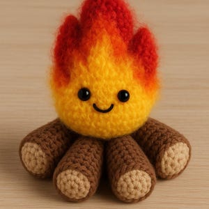 Puede incluir: Un juguete de fogata de ganchillo hecho a mano con una cara sonriente. Las llamas son rojas y amarillas, y la base es marrón con detalles beige. El juguete tiene un diseño lindo y amigable.