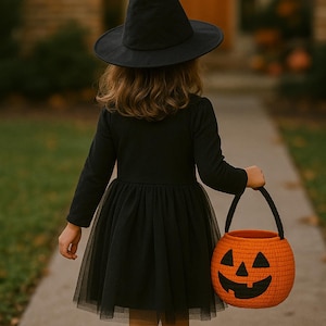 May include: A child dressed in a black witch costume, including a hat and dress, walks down a sidewalk. The child carries an orange pumpkin-shaped basket with a black face. The outfit is perfect for Halloween.