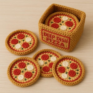 Puede incluir: Un juego de posavasos de pizza de ganchillo con un soporte a juego. Cada posavasos presenta una corteza amarilla, pepperoni rojo, queso blanco y hierbas verdes. El soporte tiene la inscripción "DEEP DISH PIZZA". Un accesorio de cocina divertido y único.