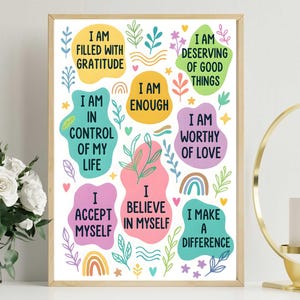 Affirmations Wall Art Printable – Daily Affirmations Poster for Therapy & Self-Love – Aesthetic Mental Health Digital Download