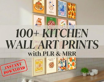 May include: A collection of framed kitchen wall art prints. The prints feature illustrations of food items like pancakes, pizza, and fruit. The text "100+ KITCHEN WALL ART PRINTS" is displayed prominently. An "INSTANT DOWNLOAD" stamp is visible.