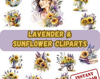 Watercolor Sunflower Lavender Clipart: Rustic Floral PNG Set (Digital Download)