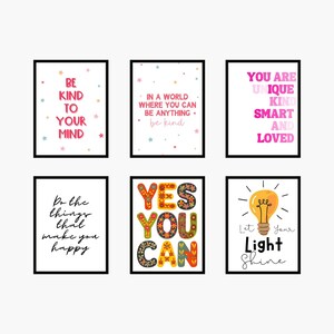 May include: Six framed art prints with inspirational quotes. The prints feature phrases like "Be Kind to Your Mind" and "Let Your Light Shine" in various fonts and colors, with star and lightbulb illustrations.