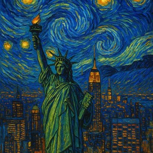 Nowojorska noc gwiazd – cyfrowy wydruk artystyczny w stylu Van Gogha (natychmiastowe pobranie)