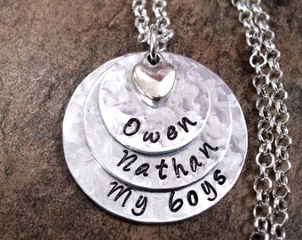 Mommy Jewelry, Hand Stamped, My Boys, My Girls, 3 Stacking Discs, My Kids, Personalized Mother's Day Gift for Dad, Mom, Grandma, Nana