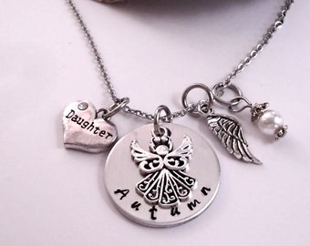 Daughter Memorial Personalized Angel Necklace, Sister Memorial, Son Memorial, Grandson Loss Granddaughter, Dad, Niece, Cousin