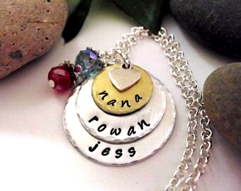 Nana Necklace, Personalized Jewelry, Hand Stamped Jewelry, Grandma Gift Jewelry, Mom Jewelry Gift, Two Tone Custom Jewelry, Memaw Gift