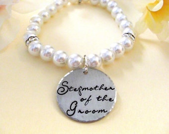 Stepmother of the Groom Pearl Bracelet, Bridal Bracelet, Stepmother Wedding Bracelet, Hand Stamped Bracelet