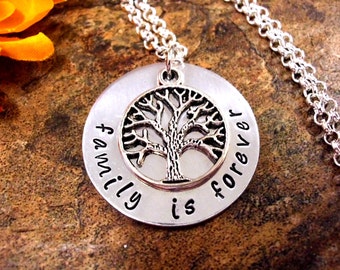 Family is Forever, Family Tree Jewelry, Hand Stamped Jewelry, Blended Family, New Family Member, Adoption, Daughter in Law Son in Law Gifts