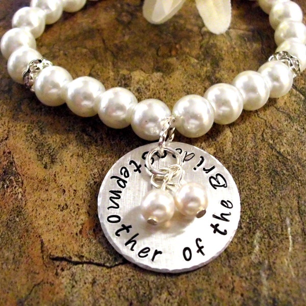 Stepmother of the Bride Pearl Bracelet, Stepmother of the Bride Jewelry, Bridal Bracelet, White Pearl Bracelet, Hand Stamped Bracelet