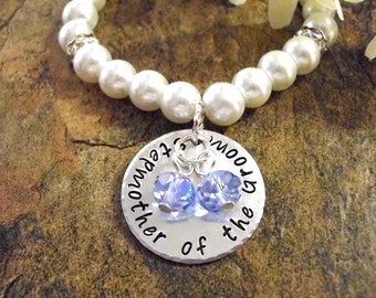 Stepmother of the Groom Pearl Bracelet, Bridal Bracelet, Stepmother Wedding Bracelet, Hand Stamped Bracelet Custom Jewelry, Custom Gift