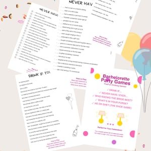 Può includere: Giochi per addio al nubilato con domande come "Never Have I Ever" e "Drink If", stampati su carta bianca. Il design include accenti colorati e decorazioni festive, perfetti per un addio al nubilato.