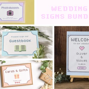May include: A set of eight printable wedding signs with a pixelated design. The signs include a welcome sign, a photo booth sign, a guestbook sign, and a cards and gifts sign. The signs are in pastel colors and feature pixelated hearts, a camera, a book, and a gift box.