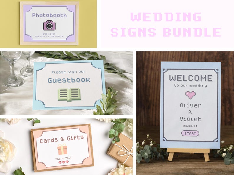 May include: A set of eight printable wedding signs with a pixelated design. The signs include a welcome sign, a photo booth sign, a guestbook sign, and a cards and gifts sign. The signs are in pastel colors and feature pixelated hearts, a camera, a book, and a gift box.
