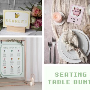 May include: A wedding seating chart with a green background and a copper frame. The chart has the text "Find Your Seat" and lists names and table numbers. A table number card with a pink background and the text "Table 4" features a cartoon character. A sign with the text "Scarlet" is on a wooden stand.