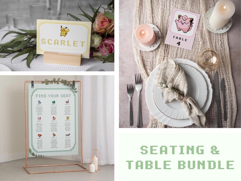 May include: A wedding seating chart with a green background and a copper frame. The chart has the text "Find Your Seat" and lists names and table numbers. A table number card with a pink background and the text "Table 4" features a cartoon character. A sign with the text "Scarlet" is on a wooden stand.