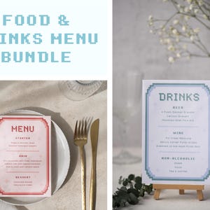 May include: Two printable food and drinks menus with a pixelated design. The menu on the left is pink with red text and says "MENU" with the headings "STARTER", "MAIN", and "DESSERT". The menu on the right is blue with white text and says "DRINKS" with the headings "BEER", "WINE", and "NON-ALCOHOLIC".