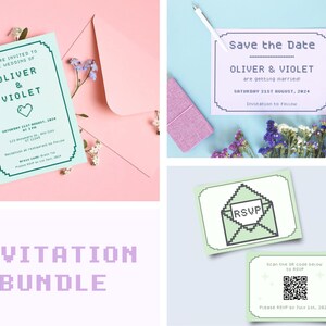 May include: A set of three pixelated wedding invitations with a light blue and green color scheme. The invitations include a save the date card, an RSVP card, and a main invitation card with the text "You are invited to the wedding of Oliver & Violet".