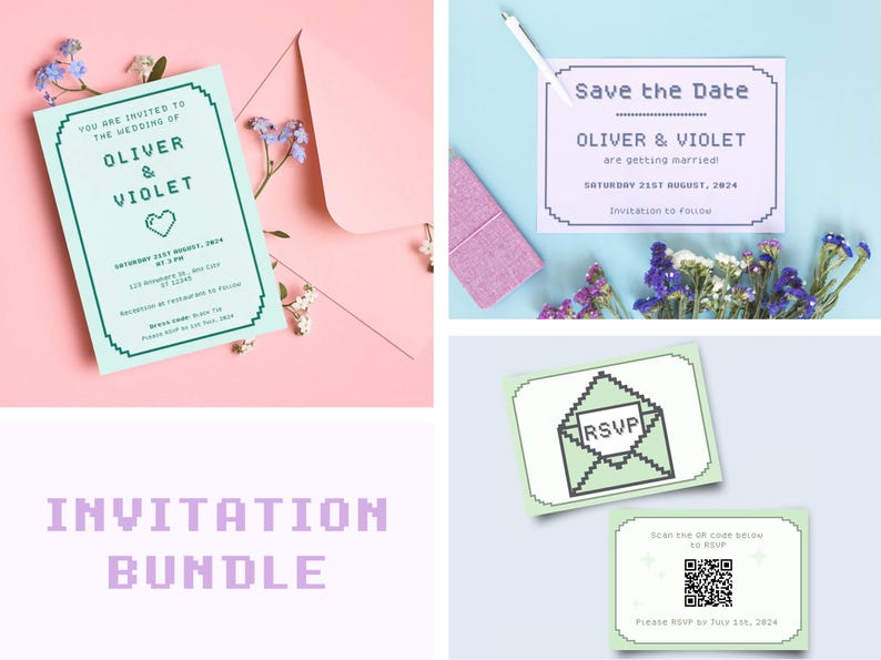 May include: A set of three pixelated wedding invitations with a light blue and green color scheme. The invitations include a save the date card, an RSVP card, and a main invitation card with the text "You are invited to the wedding of Oliver & Violet".
