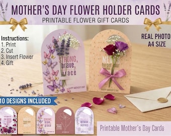 Printable Mother’s Day Flower Holder Cards – Insert Real Flower Greeting Card | DIY Gift for Mom | Instant Download PDF