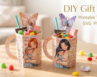 3D Paper Mug Template SVG, Bilingual Mothers Day Craft Printable, Spanish Dia de la Madre Gift Box, DIY Treat Box, Print and Cut Favor Box
