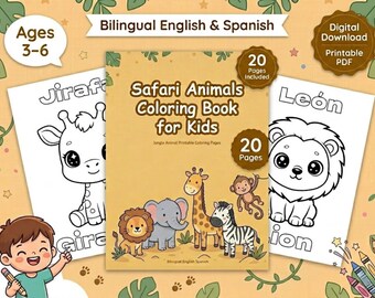 Safari Animals Coloring Book for Kids Bilingual English Spanish Printable Coloring Pages Jungle Animal Activity Book | Instant Download PDF