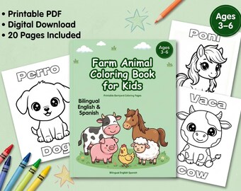 Farm Animal Coloring Book for Kids – Bilingual English Spanish Printable Coloring Pages | Preschool Activity Book | Instant Download PDF