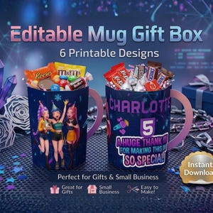 Puede incluir: Un diseño digital para una caja de regalo de taza editable. El diseño presenta dos tazas llenas de caramelos, una con un grupo de chicas y la otra con el nombre "Charlotte" y el número "5". El texto dice "Editable Mug Gift Box" y "6 Printable Designs".