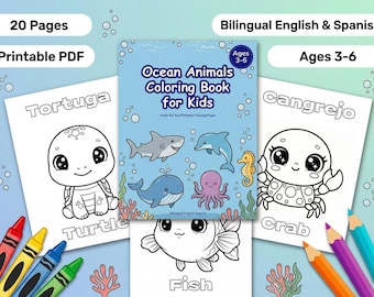 Ocean Animals Coloring Book for Kids – Bilingual English Spanish Printable Coloring Pages | Under the Sea Activity Book Instant Download PDF