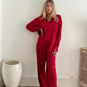 Red Silk Shirt & Pants for Women, Loose Fit Casual Pant Suit, Silk Blouse and Wide Trousers Set, Womens PJ Set, Evening Gown, Lounge Suite