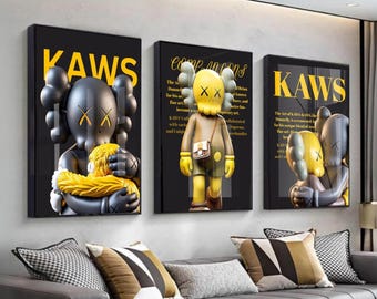 Ensemble de 3 posters muraux Kaws jaunes | Décoration de chambre Hypebeast | Illustrations Kaws | Art numérique streetwear tendance | Jaune vif 172