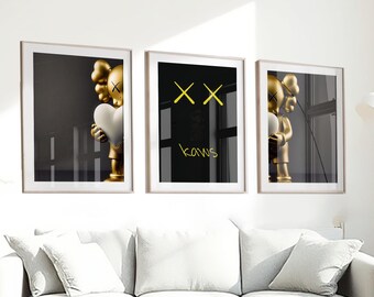 Set of 3 Hypebeast Golden, Printable Gold KAWS,Graffiti Poster,Hypebeast Gold Toys, Digital Download for 1 Prints, dopamine sneaker47th.