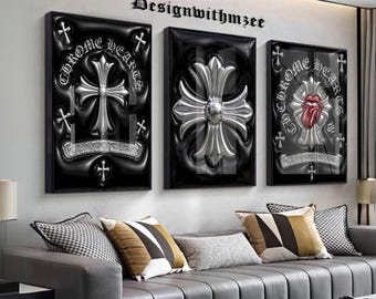 Ensemble de 3 affiches murales Chrome Hearts, posters croix gothiques colorés, décoration Chrome Hearts, style streetwear Y2K de luxe, 175 x 77 cm