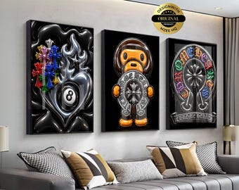 Ensemble de 3 affiches murales Chrome Hearts Hypebeast Kaws, style graffiti, décoration tendance pour salon, art mural rétro, téléchargement numérique Dopamine 175 83