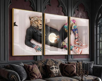 Ensemble de 3 posters Chrome Hearts Kaws, motif léopard dessiné à la main, style gothique, blanc, style hypebeast, 175 x 33 cm.