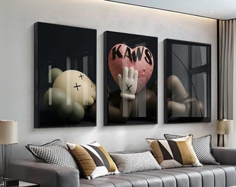 Ensemble de 3 posters muraux Kaws | Décoration murale Hypebeast « Holding Moon » | Illustrations Kaws | Poster numérique minimaliste streetwear tendance 175 x 38
