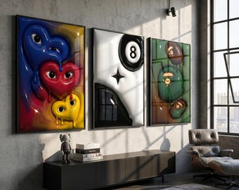 Lot de 3 hypbeast 3D | Lot de 3 affiches KAWS : décoration de chambre Hypebeast, oeuvre d'art murale dopamine (téléchargement numérique) TN47