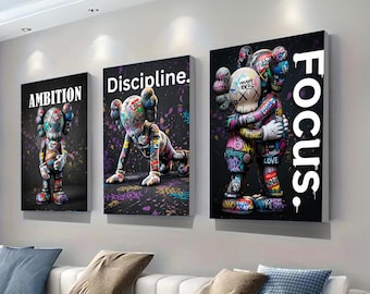 Ensemble d'affiches imprimables Kaws : oeuvre d'art murale Hypebeast style hiphop noir graffiti (ambition numérique vers le bas | discipline | focus 175 graffitis