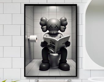 Kaws Sitting on Toilet Reading Newspaper Poster, Hypebeast Figure Print, Black Kaws Minimalist Decor, Printable Kaws Hypebeast Toy Art134th.