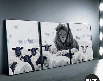 Lion Among Sheep Print: Black and White Lion Art (Digital Download)san 60