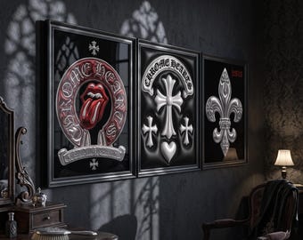 Ensemble de 3 affiches murales Chrome Hearts, posters croix gothiques colorés, décoration Chrome Hearts, style streetwear Y2K de luxe, 175 x 80 cm