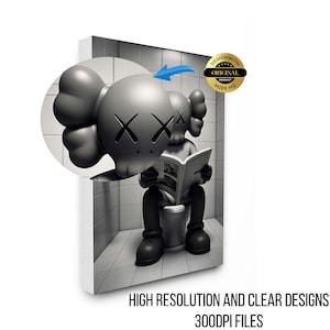 May include: A gray cartoon character with X-shaped eyes sits on a toilet reading a newspaper in a tiled room. A circular inset shows a magnified view of the character's head. A gold seal reads DESIGNWITH ORIGINAL PRODUCT MZEE HQ.