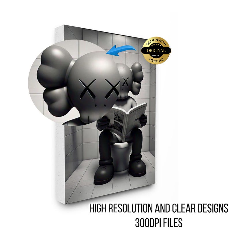 May include: A gray cartoon character with X-shaped eyes sits on a toilet reading a newspaper in a tiled room. A circular inset shows a magnified view of the character's head. A gold seal reads DESIGNWITH ORIGINAL PRODUCT MZEE HQ.