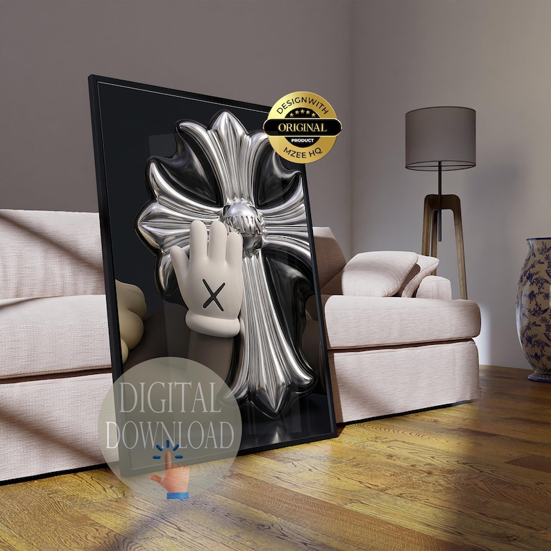 May include: A rectangular framed wall art piece featuring a large, metallic silver cross with ornate, rounded edges set against a black background. A cartoon-style hand with a black X on the palm is positioned in front of the cross. The image includes a gold circular badge reading DESIGNWITH ORIGINAL PRODUCT MZEE HQ and a circular overlay text reading DIGITAL DOWNLOAD.