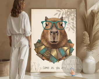 Capybara Wall Art - Cute Animal Print, Nursery Decor, Whimsical Kids Room Poster, Cabybara wearing glasses, printablekaws | hypebeast 175 60